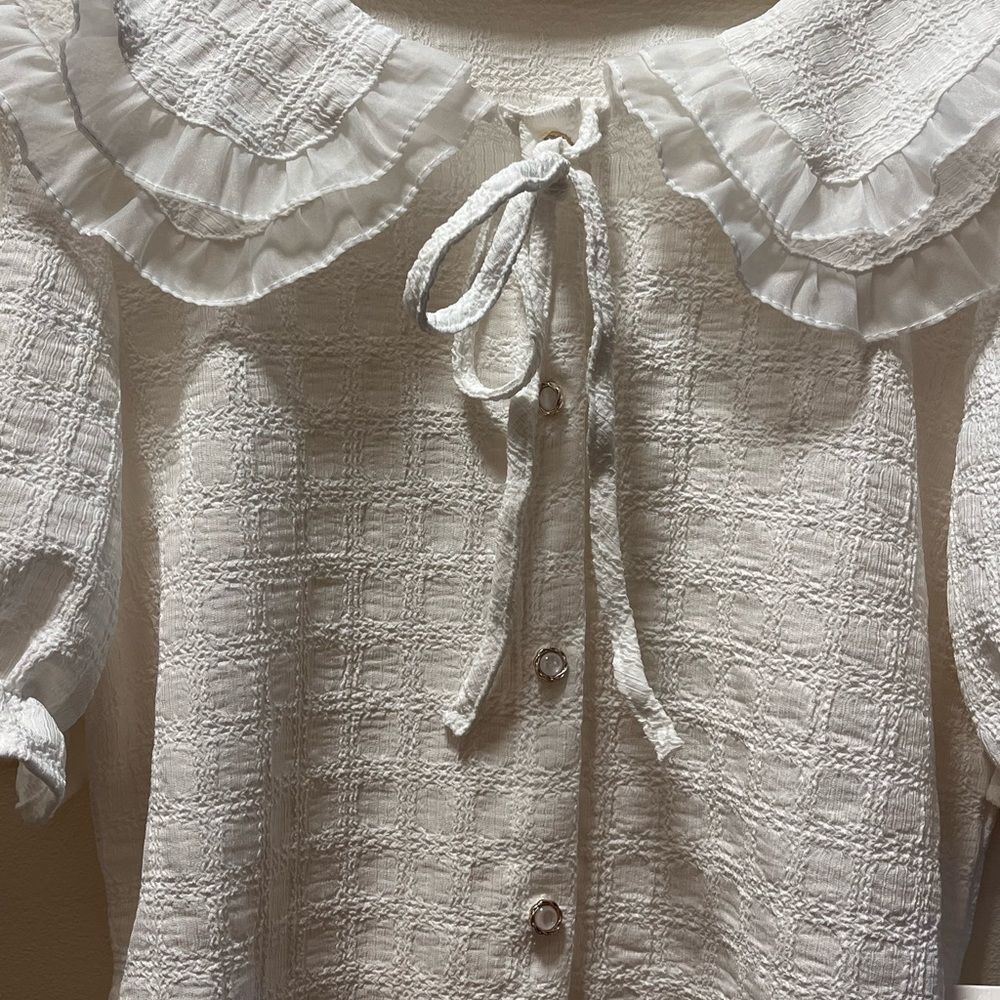 Cocobleu NY Cottagecore Button, Short Sleeve Top, Ruffled Collar, Sz S, White - Picture 3 of 9